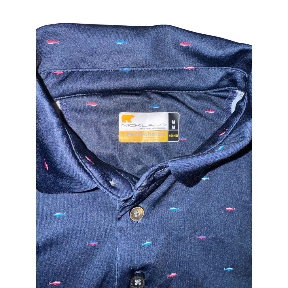 Nicklaus Boys Golf Polo Shirt Blue Fish Print Short Sleeve Kids Medium 10/12